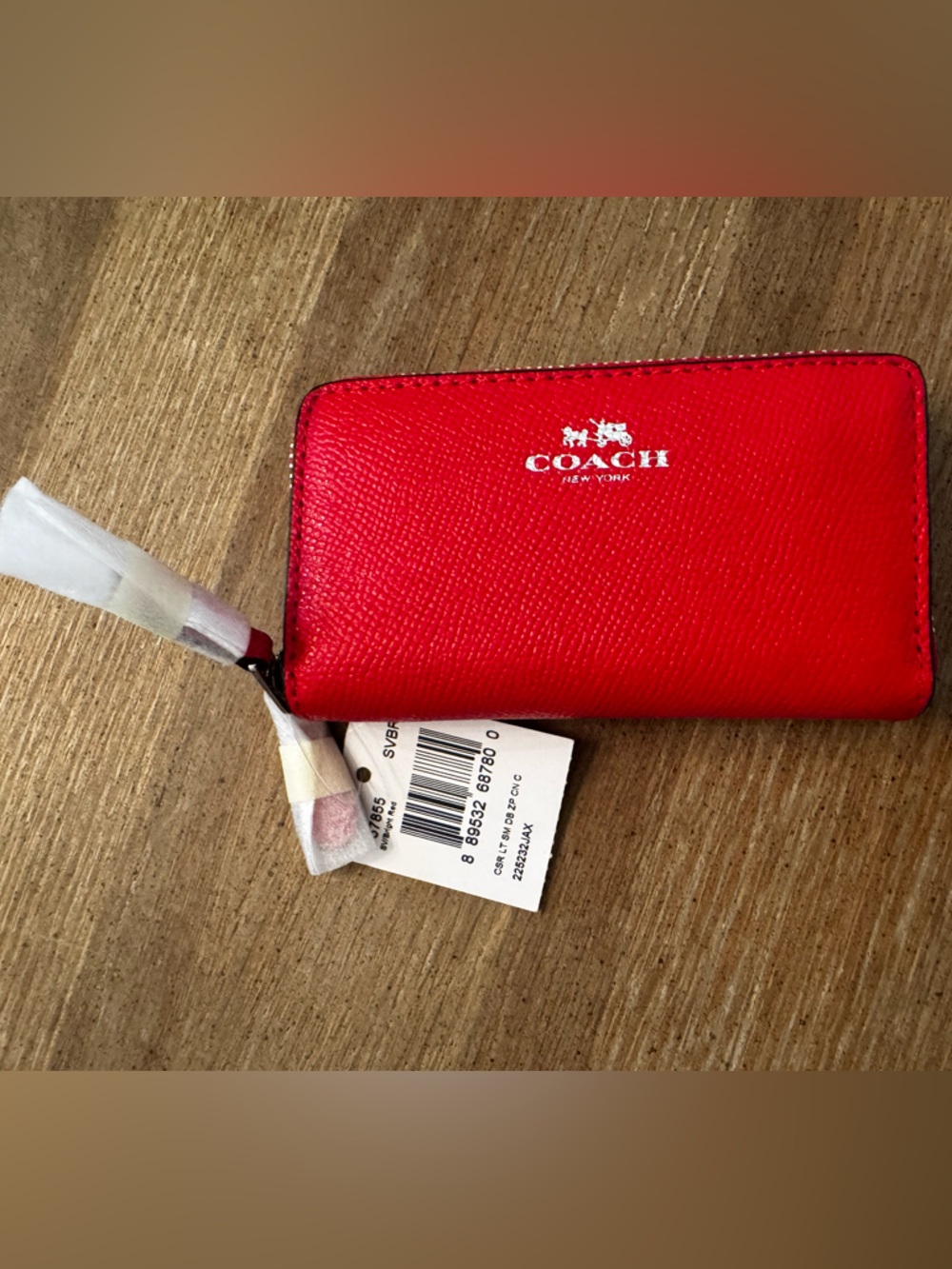 NWT Coach 57855 Bright Red Crossgrain Leather Zip Card Case Wallet